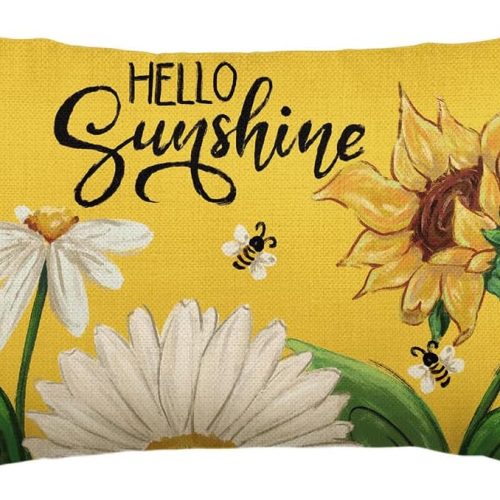 AVOIN colorlife Hello Sunshine Daisy Sunflower Bee Throw Pillow Cover, 12 x 20 Inch Summer Party Holiday Yellow Cushion Case Decoration for Sofa Couch