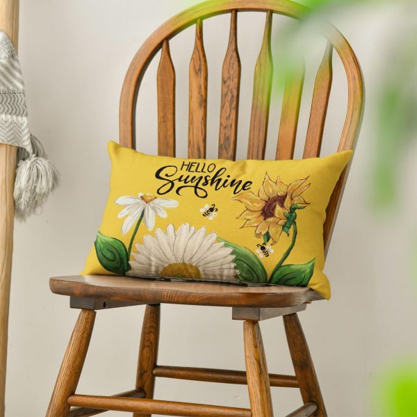 AVOIN colorlife Hello Sunshine Daisy Sunflower Bee Throw Pillow Cover, 12 x 20 Inch Summer Party Holiday Yellow Cushion Case Decoration for Sofa Couch