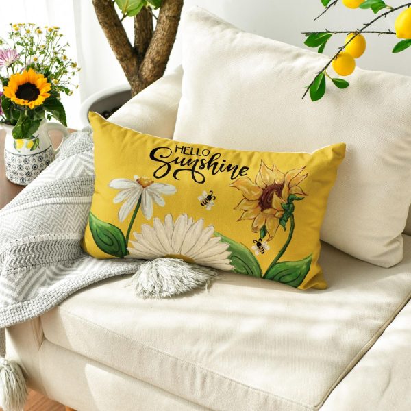 AVOIN colorlife Hello Sunshine Daisy Sunflower Bee Throw Pillow Cover, 12 x 20 Inch Summer Party Holiday Yellow Cushion Case Decoration for Sofa Couch