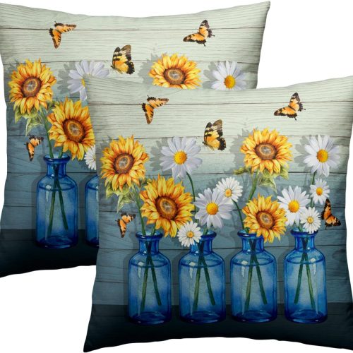 CTD-GR-1933GK_1 Sunflower Pillow Covers - Spring Summer Daisy Pillow Cases 18x18 Set of 2 Rustic Floral Butterfly Throw Pillows Covers for Sofa Couch Bed Blue Yellow White
