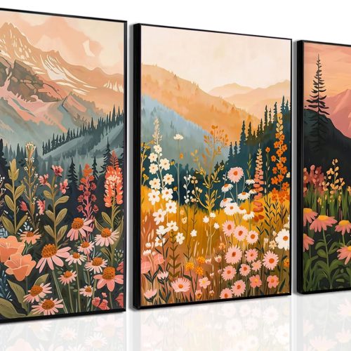 Boho Colorful Watercolor Mountain Posters Wall Art Set of 3 Wildflower Canvas Wall Decor Abstract Nature Landscape Artwork Paintings Picture Print for Living Room Bedroom Office 12x16 In Unframed