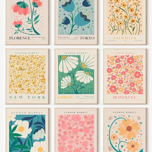 Flower Market Poster Set of 6, Abstract Flower Market Wall Art Prints, Vintage Colorful Floral Wall Art Decor, Boho Room Decor（8x10inch, Unframed)