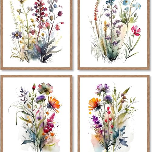 CTD-GR-2039_1 Dazzlewall 4 pcs Watercolour Wall Art Print, Colourful Floral Botanical Artwork Print, Minimalist Wall Decor for Bedroom Living Room Bathroom, 8x10 in Unframed