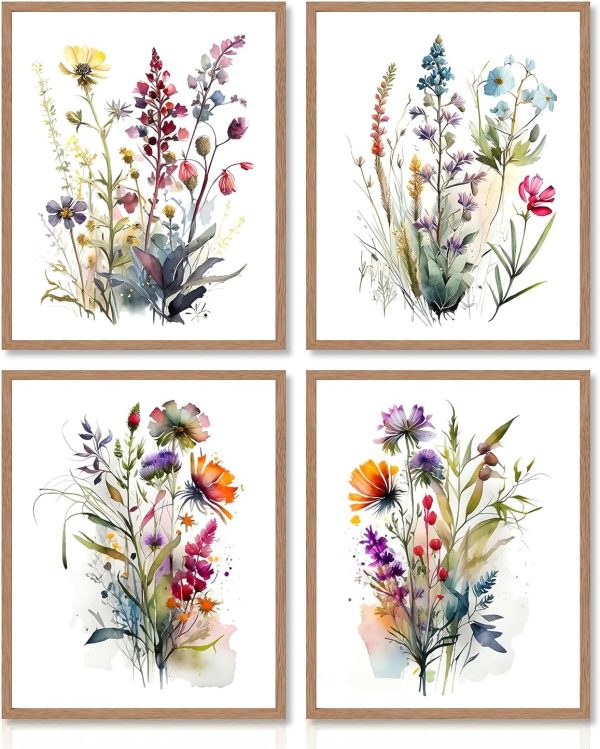 CTD-GR-2039_1 Dazzlewall 4 pcs Watercolour Wall Art Print, Colourful Floral Botanical Artwork Print, Minimalist Wall Decor for Bedroom Living Room Bathroom, 8x10 in Unframed
