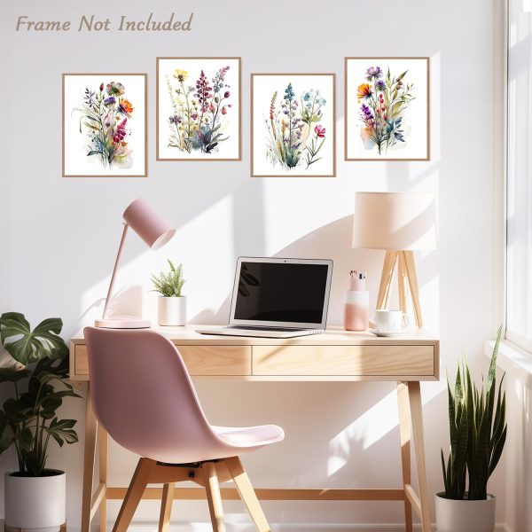 CTD-GR-2039_4 Dazzlewall 4 pcs Watercolour Wall Art Print, Colourful Floral Botanical Artwork Print, Minimalist Wall Decor for Bedroom Living Room Bathroom, 8x10 in Unframed