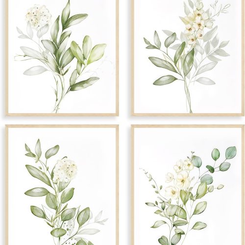 Dazzlewall 4Pcs Botanical Watercolor Flower Art Prints, Sage Green Plants Wall Art Decor, Minimalist Leaves Picture for Bedroom Bathroom Decor 8x10 in Unframed