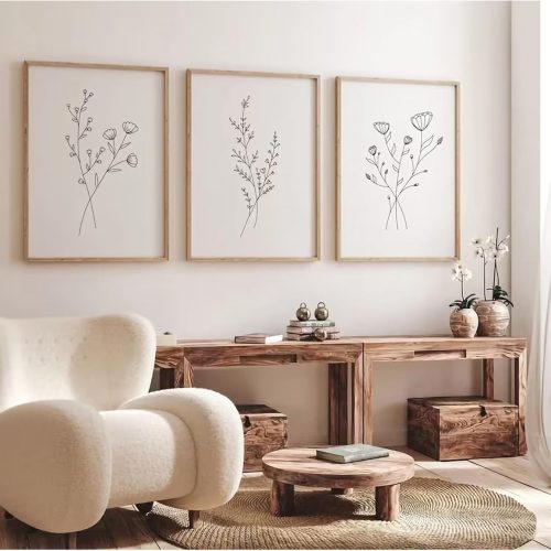 CTD-GR-2049GK_1 Baccone Flower Line Wall Art Set of 3 Botanical Canvas Wall Decor Floral Minimalist Wall Art Abstract Plant Pictures Flower Line Prints Black White Floral Artwork for Room Bedroom 12x16 Inch Unframed