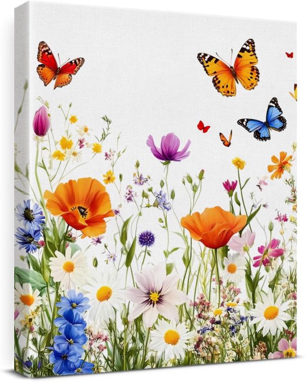Aesthetic Wildflowers Canvas Wall Art Floral Butterfly Print Poster Framed | Butterfly Wildflowers Poster Picture Floral Wall Decor for Home Living Room Bedroom 8x10 Inch Framed