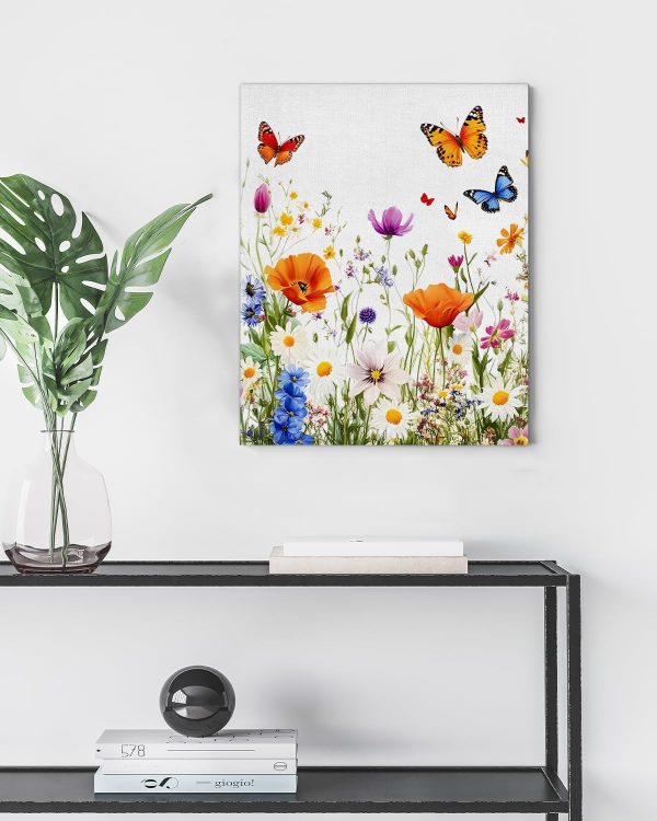 Aesthetic Wildflowers Canvas Wall Art Floral Butterfly Print Poster Framed | Butterfly Wildflowers Poster Picture Floral Wall Decor for Home Living Room Bedroom 8x10 Inch Framed