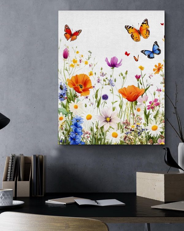 Aesthetic Wildflowers Canvas Wall Art Floral Butterfly Print Poster Framed | Butterfly Wildflowers Poster Picture Floral Wall Decor for Home Living Room Bedroom 8x10 Inch Framed