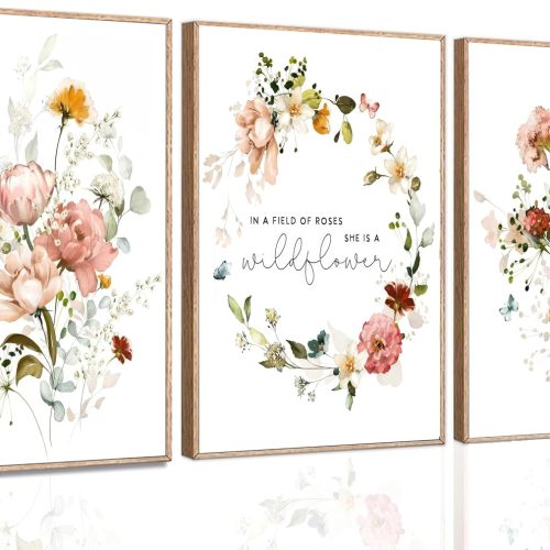CTD-GR-2063GK_1 3Pcs Wildflower Canvas Wall Art In Flower Botanical Sentence Poster Prints Pink Watercolor Flower Wreath Decorative Painting for Girl's Room for Dedroom living room Inspirational Wall Decoration