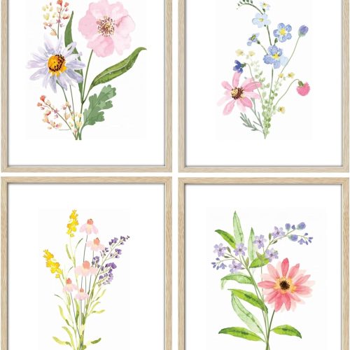 CTD-GR-2078GK_1 AIOAIFUT 8x10 Unframed Floral Wall Art Prints, Watercolor Wildflower Pictures for Bedroom Wall Decor, Colorful Bouquet Floral Art Print, Set of 4.