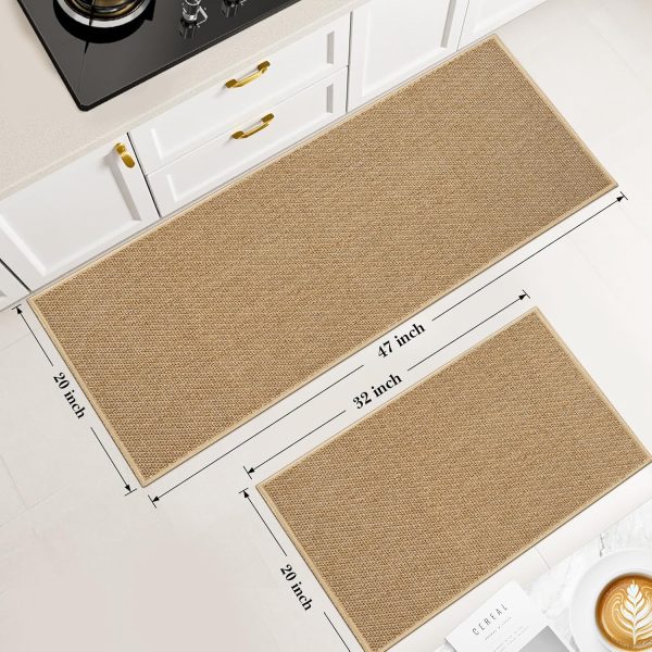CTD-GR-2101_2 Kitchen Rugs and Mats, Non Slip Washable Set of 2 PCS, Absorbent Kitchen Mats for Floor, Kitchen Runner Rug, Rubber Backing, for Kitchen Decor, Front of Sink(Khaki, 20’’x 32’’+ 20’’x 47’’)