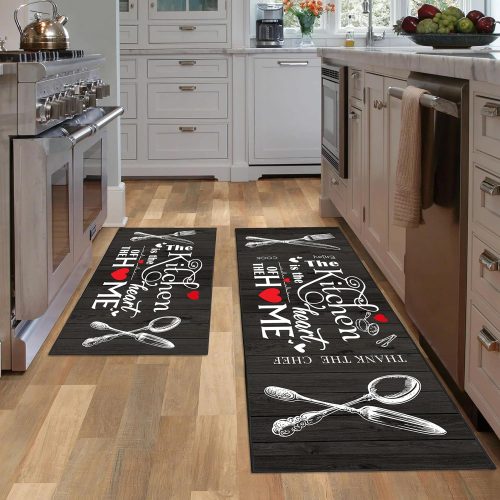 JWXCBIM Farmhouse Kitchen Rug 2 Piece Set, Black and White Rustic Vintage Style Theme Decor Kitchen Rugs, Absorbent Washable Non-Slip Floor Mats, Home Indoor Runner Carpet 17x30+17x47 Inches