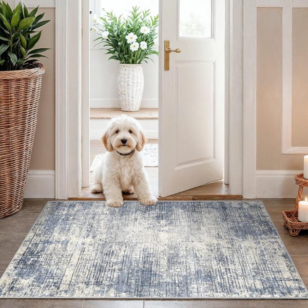 Washable Entryway 2x3 Area Rug: Small Abstract Kitchen Rugs for Indoor Bathroom Entrance Non Slip Door Mat with Rubber Backing Ultra Thin Soft Carpet for Bedroom Pet Feeding Area (Blue Gray,2x3)