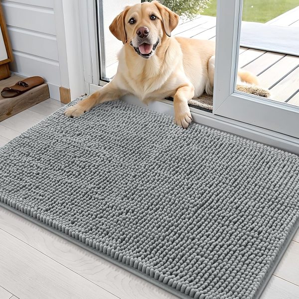 OLANLY Dog Door Mat for Muddy Paws 36x24, Absorbs Moisture and Dirt, Absorbent Non-Slip Washable Doormat, Quick Dry Chenille Mud Mat for Dogs, Entry Indoor Entryway Carpet for Inside Floor, Grey