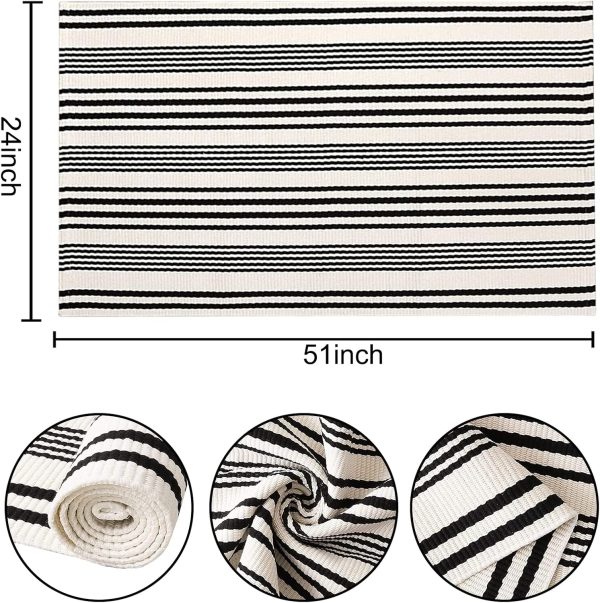Black and White Striped Outdoor Rug 24'' x 51''Farmhouse Front Porch Rug Hand-Woven Machine Washable Layered Door Mats for Entryway/Bedroom/Patio/Porch Decor