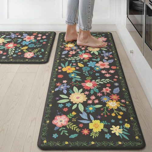 CTD-GR-2157GK_1 GENIMO Anti Fatigue Kitchen Mats for Floor 2PCS, Cushioned Standing Mats | 17.3"x47"&17.3"x30", Black vintage floral rug set, waterproof, non slip, easy-clean for farmhouse