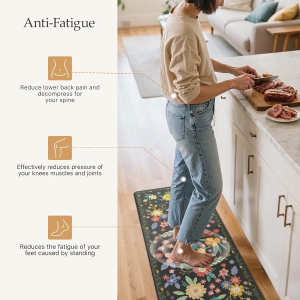 GENIMO Anti Fatigue Kitchen Mats for Floor 2PCS, Cushioned Standing Mats | 17.3"x47"&17.3"x30", Black vintage floral rug set, waterproof, non slip, easy-clean for farmhouse