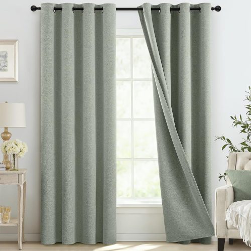 COSVIYA 100% Blackout Sage Green Linen Curtains & Drapes 84 Inch Length | Light Blocking Full Room Darkening Grommet Insulated Thermal Window Panels for Bedroom/Living Room,52x84 inches,2 Panels