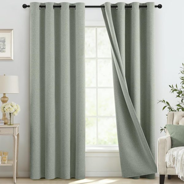 COSVIYA 100% Blackout Sage Green Linen Curtains & Drapes 84 Inch Length | Light Blocking Full Room Darkening Grommet Insulated Thermal Window Panels for Bedroom/Living Room,52x84 inches,2 Panels