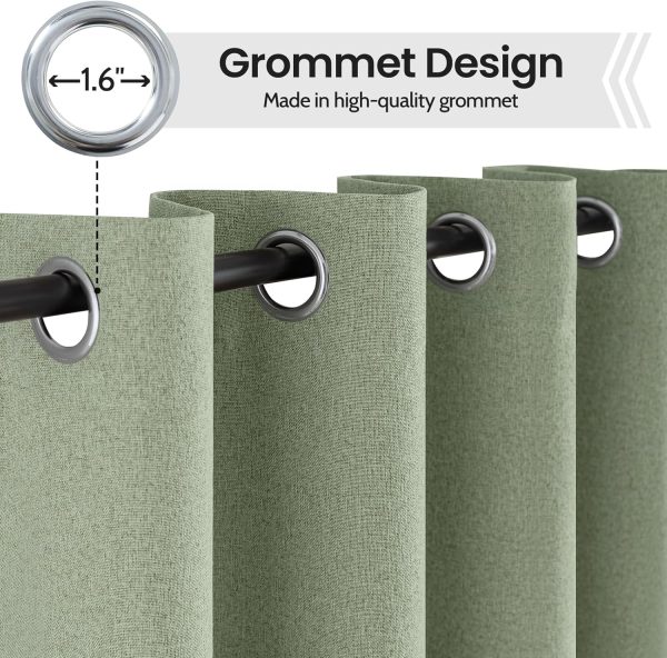 COSVIYA 100% Blackout Sage Green Linen Curtains & Drapes 84 Inch Length | Light Blocking Full Room Darkening Grommet Insulated Thermal Window Panels for Bedroom/Living Room,52x84 inches,2 Panels
