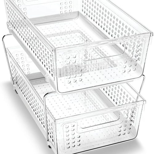 CTD-GR-370GK_1 madesmart 2 Tier Organizer, Under Cabinet Storage with Pull Out Sliding Drawers, for Cleaning Supplies, Undersink Storage, Sponges, Bottles & Bath, Adjustable Dividers & Pull Out Baskets, Clear