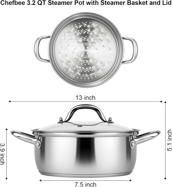 Chefbee 3.2QT Stainless Steel Steamer for Cooking with Food Steamer Basket | Healthy Steaming Pot, Multi-use Kitchen Cookware, For Vegetables Dumplings Soup and Food Preparation, Daily Kitchen Cooking