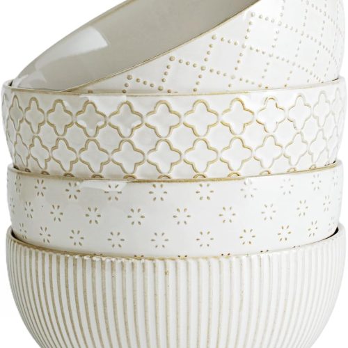 CTD-GR-644GK_1 getstar Ceramic Soup Bowls, Big Cereal Bowl Set of 4 with Assorted Embossment (6.1 inch & 30 oz), Farmhouse Vintage Color Bowls for Kitchen