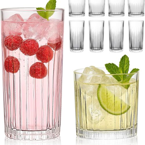 CTD-GR-738GK_1 Laerjin Drinking Glasses Set of 8, 12 oz Highball Glasses & 10 oz Cocktail Glasses Set, Ribbed Glass Cups,Thick Glass Cups, Kitchen Water Glasses Cup, Bar Tumbler Glassware for Beer, Whiskey(Clear)