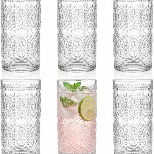 CTD-GR-741GK_1 Bekith 6 Pack Romantic Drinking Glasses, 12 oz Highball Glasses, Thick Water Glasses, Tall Glass Cups for Beverages, Beer, Cocktail, Vintage Glassware Set for Dinner Parties, Bars, Restaurants