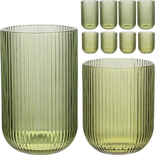 CTD-GR-805GK_1 Set of 8 Ribbed Glassware,4 Highball Glasses 14oz & 4 Rocks Drinking Glasses 9oz, Green, Origami Style, Fluted Design, for Milk, Water, Cocktail, Juice, Beer, ToothBrush Cup, Gift