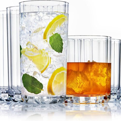 CTD-GR-866GK_1 US Acrylic Faceted Clear Plastic Drinking Glasses Set of 8 | 14oz Rocks & 18oz Water Tumblers, BPA-Free, Made in USA, Top-Rack Dishwasher Safe, Reusable