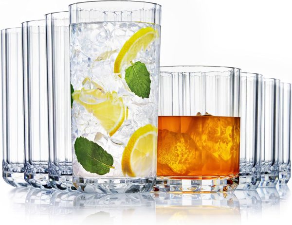 US Acrylic Faceted Clear Plastic Drinking Glasses Set of 8 | 14oz Rocks & 18oz Water Tumblers, BPA-Free, Made in USA, Top-Rack Dishwasher Safe, Reusable