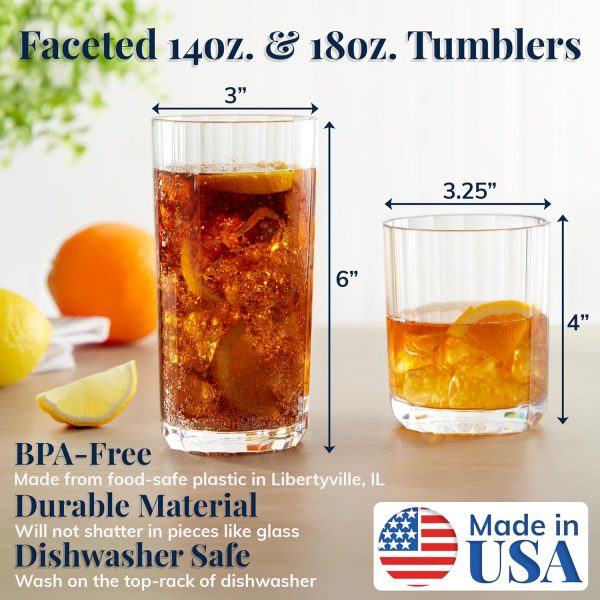 US Acrylic Faceted Clear Plastic Drinking Glasses Set of 8 | 14oz Rocks & 18oz Water Tumblers, BPA-Free, Made in USA, Top-Rack Dishwasher Safe, Reusable