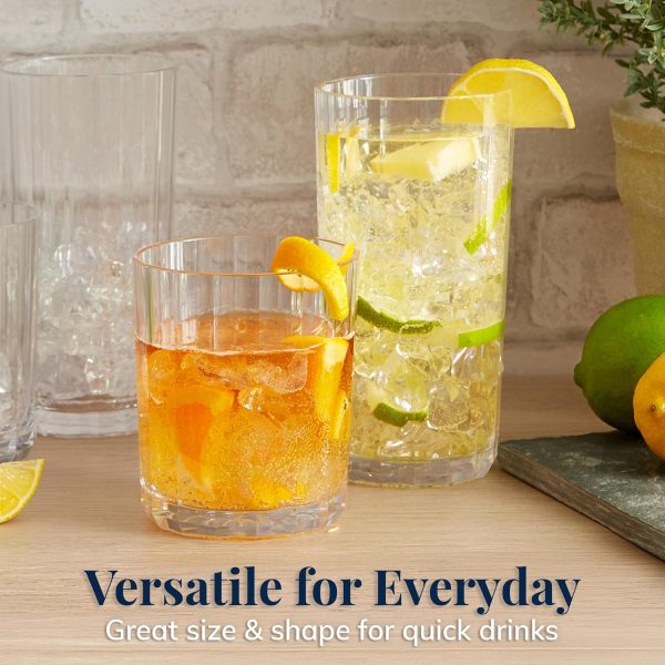 US Acrylic Faceted Clear Plastic Drinking Glasses Set of 8 | 14oz Rocks & 18oz Water Tumblers, BPA-Free, Made in USA, Top-Rack Dishwasher Safe, Reusable