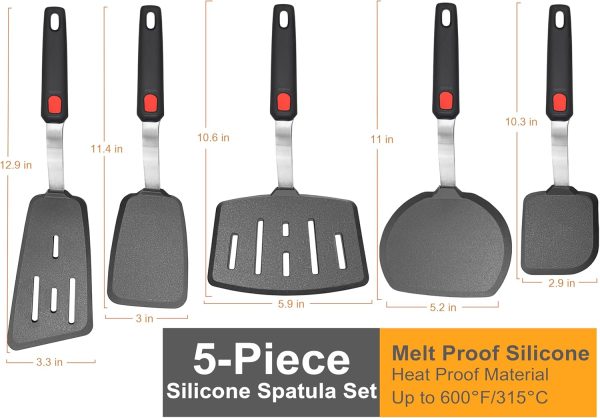CTD-GR-916_4 Mixed 5 Piece Silicone Spatula Set, 600F Heat-Resistant No-Melt Rubber Spatula Handle and Blade - Kitchen Cooking Utensils for Nonstick Cookware, Spatula Turner for Egg,Pancake,Burger- Dishwasher Safe