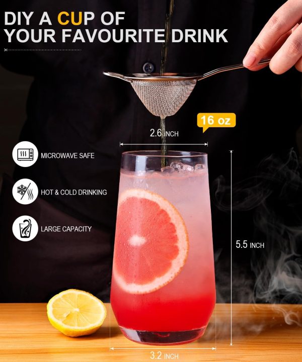 Echubao16 oz Drinking Glasses Set of 8, Highball Glasses, Tall Water Glasses, Lead-Free Crystal Glassware, Glass Cups for Mojito, Cocktail, Juice, Bar, Kitchen & Everyday Use