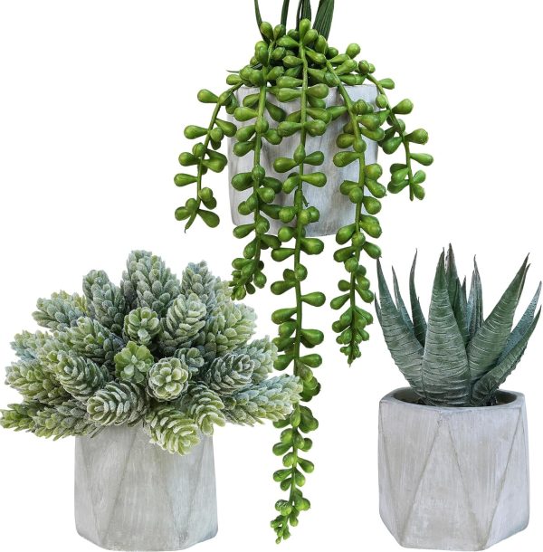 CTD-GR-S136435GK_1 Winlyn Set of 3 Mini Artificial Succulent Plants Potted Small Fake Aloe Hops String of Pearls Plants in Gray Hexagon Ceramic Pots for Modern Home Office Desk Living Room Kitchen Table Shelf Décor