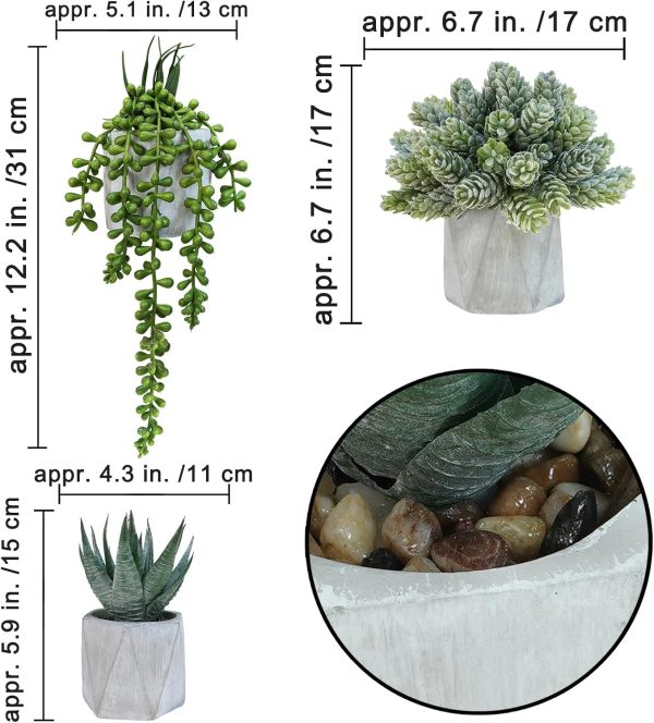 CTD-GR-S136435GK_2 Winlyn Set of 3 Mini Artificial Succulent Plants Potted Small Fake Aloe Hops String of Pearls Plants in Gray Hexagon Ceramic Pots for Modern Home Office Desk Living Room Kitchen Table Shelf Décor