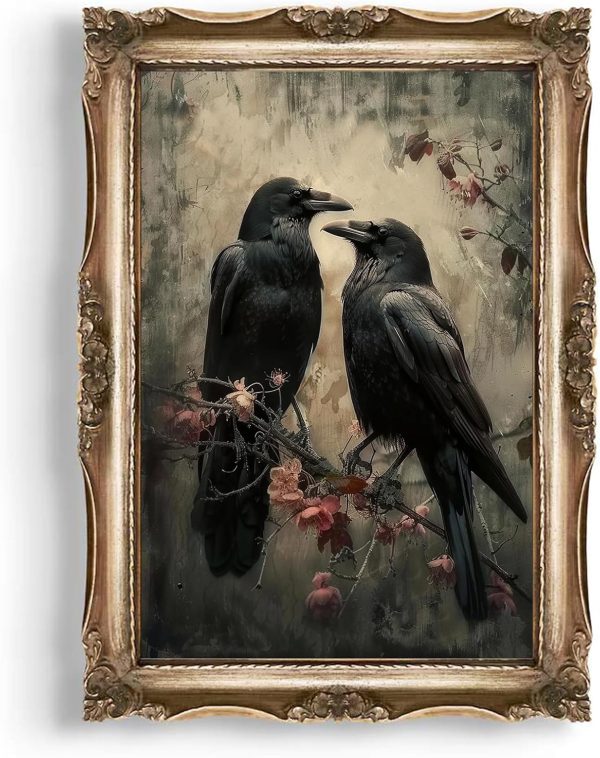 Eeuqiauot Crow Canvas Wall Art Dark Academia Poster Dark Academia Raven Print Gothic Bird Painting Black Crow Pictures Vintage Birds Poster Gothic Raven Wall Art for Room 16x24inch Unframed
