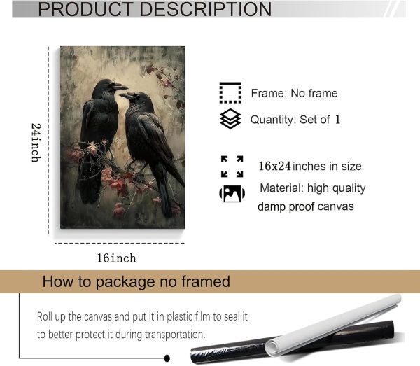 Eeuqiauot Crow Canvas Wall Art Dark Academia Poster Dark Academia Raven Print Gothic Bird Painting Black Crow Pictures Vintage Birds Poster Gothic Raven Wall Art for Room 16x24inch Unframed