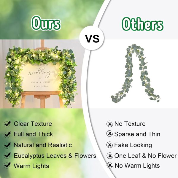 2Pcs Eucalyptus Garland with Lights, Greenery Garland, Green Garland with Flowers, 5.9FT Artificial Faux Eucalyptus Leaves Vines for Table Mantle Home Wedding Party Indoor Outdoor Decor