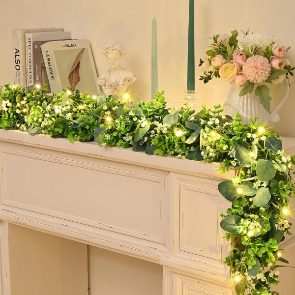 2Pcs Eucalyptus Garland with Lights, Greenery Garland, Green Garland with Flowers, 5.9FT Artificial Faux Eucalyptus Leaves Vines for Table Mantle Home Wedding Party Indoor Outdoor Decor