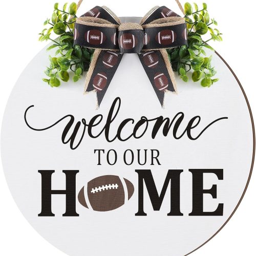 Moucuny Fall Football Wreaths Hello Football Sign for Front Door Wooden Hanging Decoration Welcome to Our Sign with Bow Farmhouse Wall Decoration for Home Game Front Porch Decor