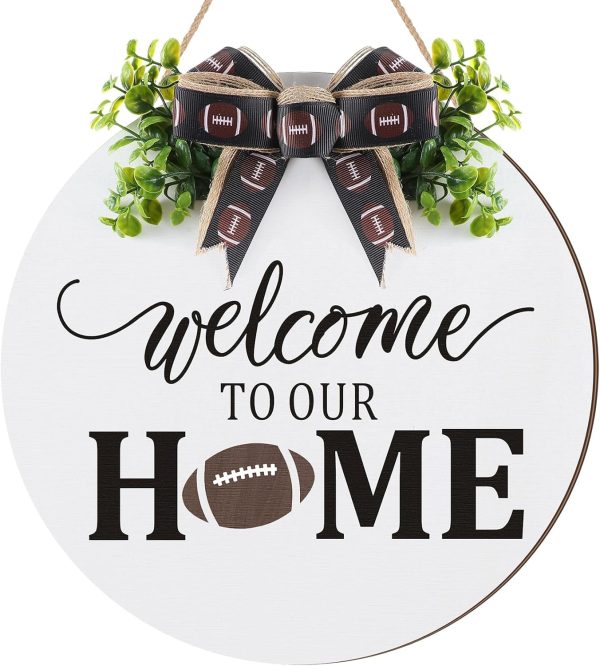 CTFB40CT_1 Moucuny Fall Football Wreaths Hello Football Sign for Front Door Wooden Hanging Decoration Welcome to Our Sign with Bow Farmhouse Wall Decoration for Home Game Front Porch Decor