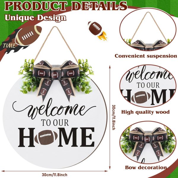 CTFB40CT_2 Moucuny Fall Football Wreaths Hello Football Sign for Front Door Wooden Hanging Decoration Welcome to Our Sign with Bow Farmhouse Wall Decoration for Home Game Front Porch Decor