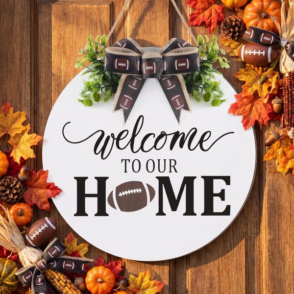 CTFB40CT_3 Moucuny Fall Football Wreaths Hello Football Sign for Front Door Wooden Hanging Decoration Welcome to Our Sign with Bow Farmhouse Wall Decoration for Home Game Front Porch Decor