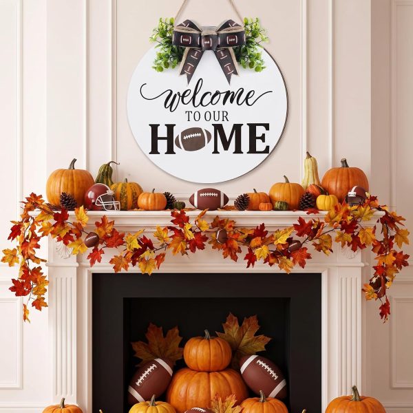 CTFB40CT_4 Moucuny Fall Football Wreaths Hello Football Sign for Front Door Wooden Hanging Decoration Welcome to Our Sign with Bow Farmhouse Wall Decoration for Home Game Front Porch Decor
