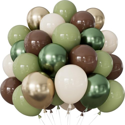Green and Brown Balloons, 50 Pcs 12-Inch Safari Latex Balloons | Safari Party Decorations, Sage Green and Metallic Gold Balloons for Hunting Birthday, Woodland Camping, Baby Shower Supplies